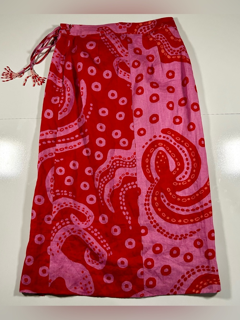 Farm Rio Octocool Linen Wrap Skirt Midi Red Pink Size S Beach Graphic Colorful - Picture 4 of 11